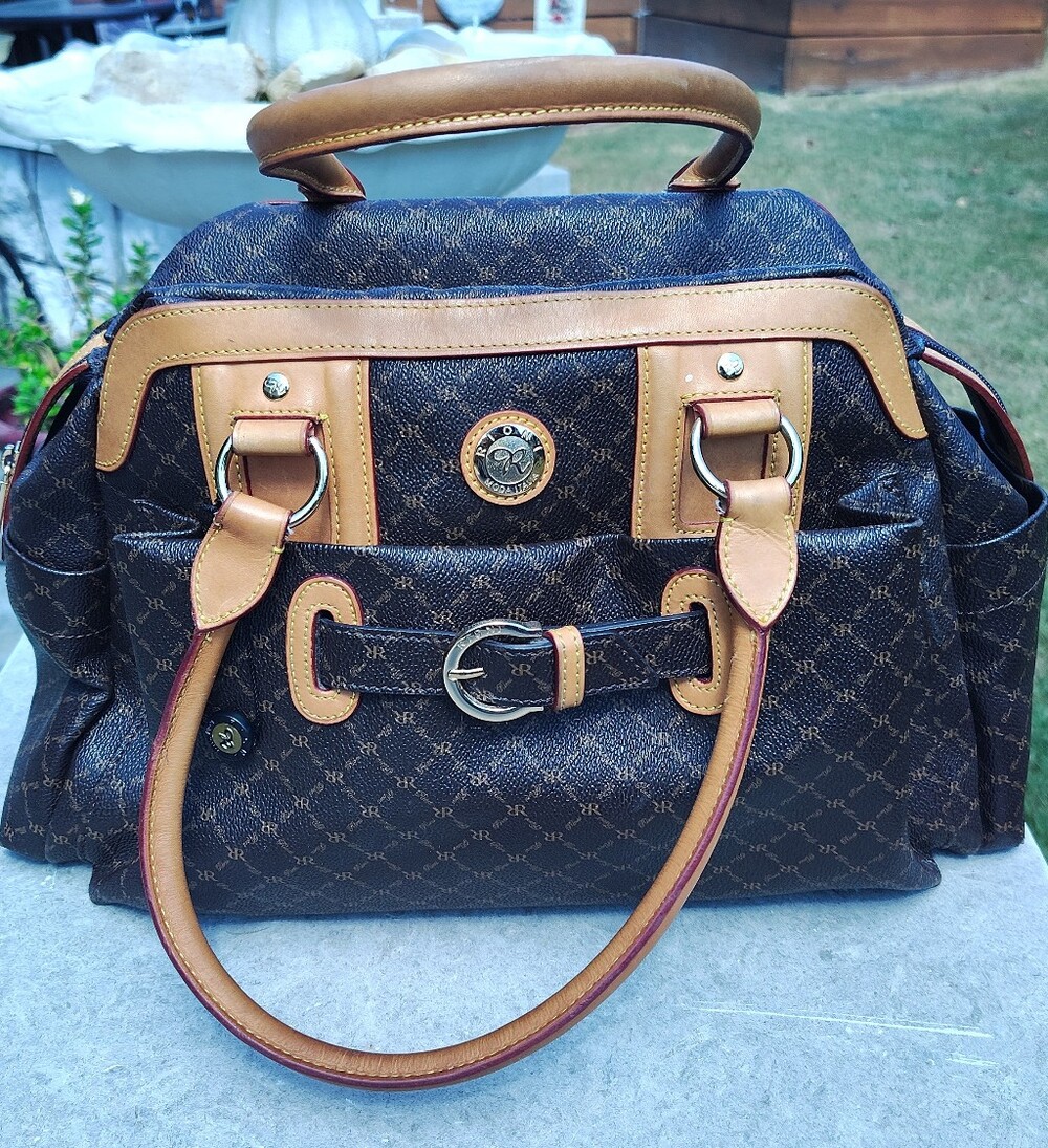 Rioni Kelly Chocolate Brown Monogram Satchel with Tan Trim
